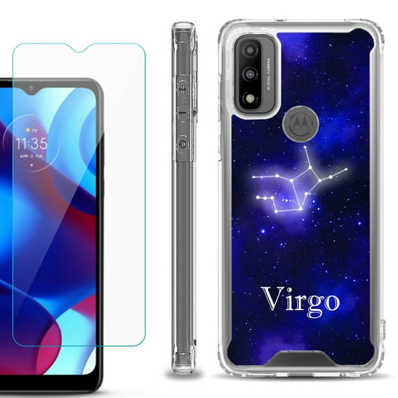 Shockproof Bumper Phone Case for Motorola Moto G Pure, with Tempered Glass Screen Protector, by OneToughShield ® - Zodiac / Virgo