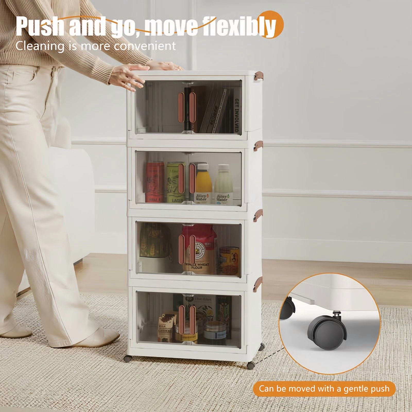 Howcool 3/4/5-Tier Stackable Storage Bins with Lid, Foldable Storage Box Cabinet with Wheels & Acrylic Doors