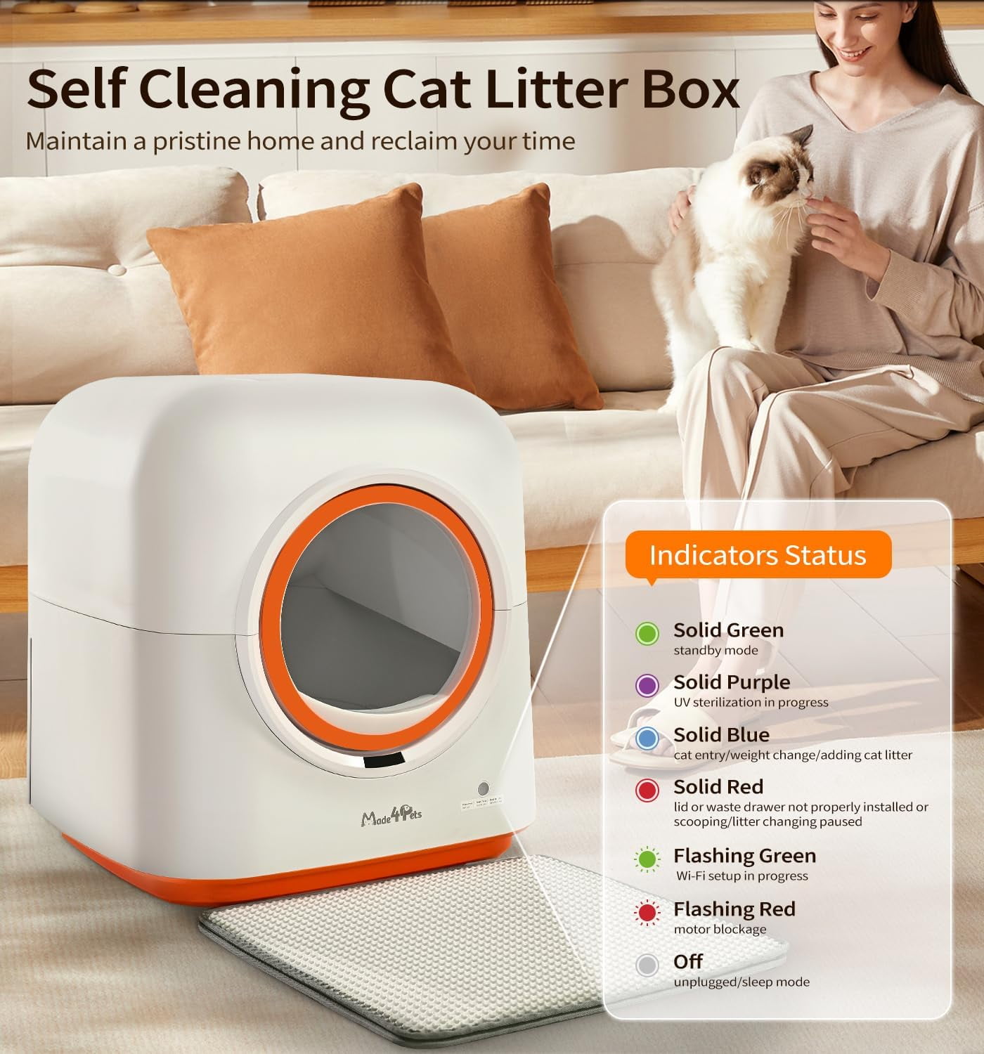 Self-Cleaning Litter Box, Automatic, Odor-Eliminating, 60L Capacity, Anti-Pinch, Hands-Free Waste Disposal with Waste Bags, White