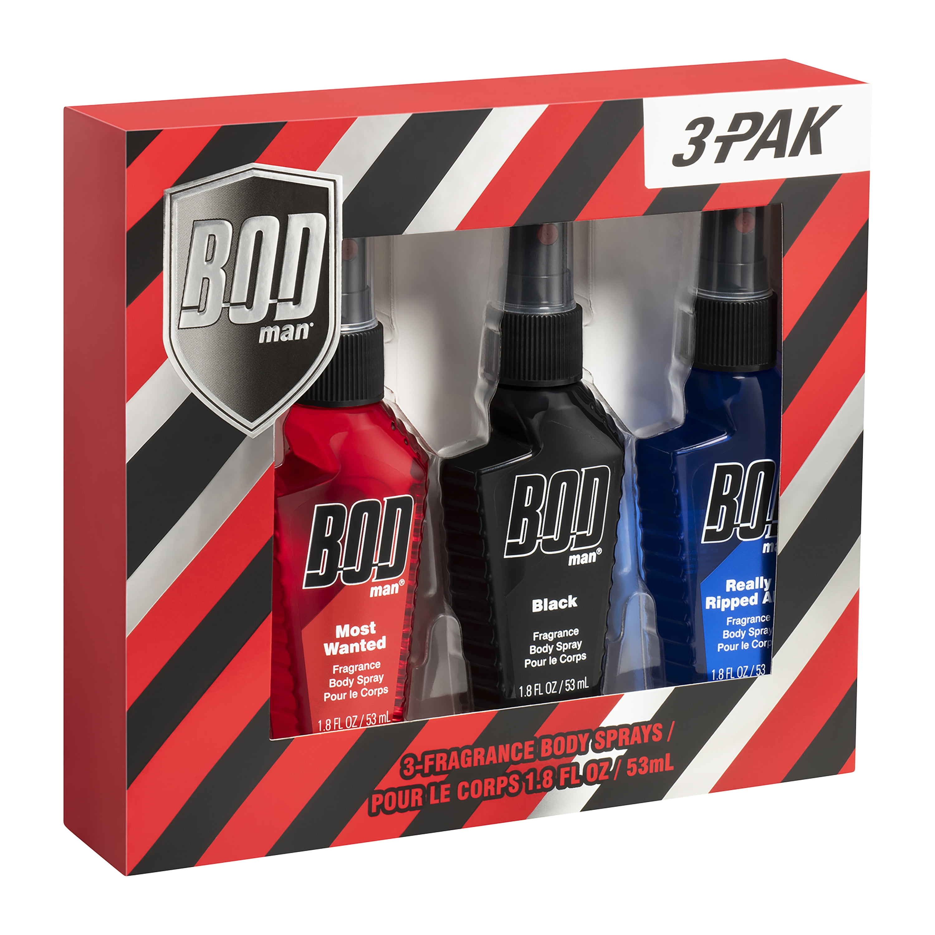 BOD Man Body Spray Gift Set for Men, Black, Really Ripped Abs, Most Wanted, 3 Pieces