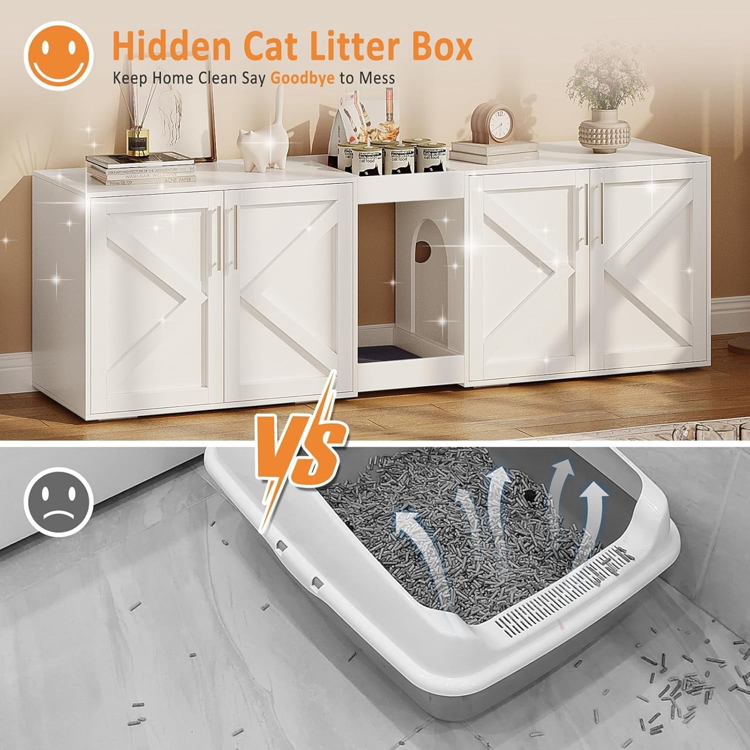 Garvee Large Cat Litter Box Enclosure 55" for 2 Cats, Hidden Cat Litter Box Cabinet Furniture with Double Room, Cushion, and Storage Shelf, Wooden Kitty Litter Box for Home, White