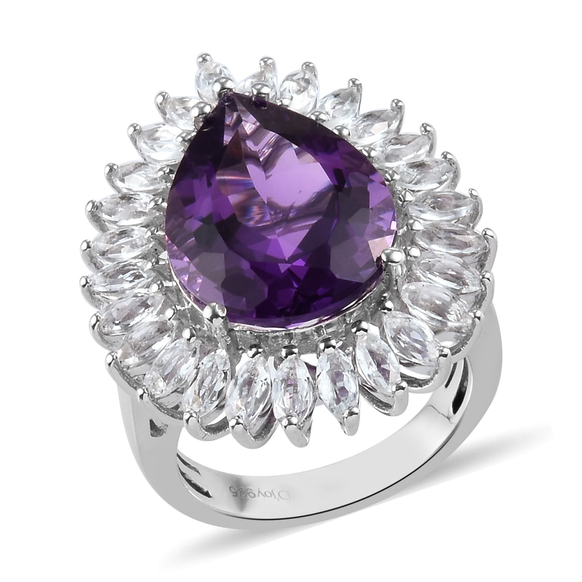 Natural Amethyst & White Topaz Gold Plated 925 Sterling Silver Cluster Ring 