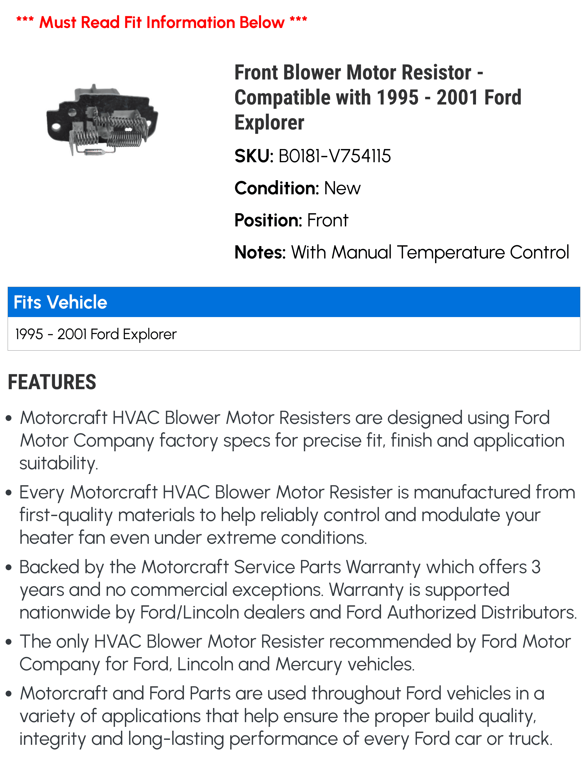 Front Blower Motor Resistor - Compatible with 1995 - 2001 Ford Explorer 1996 1997 1998 1999 2000