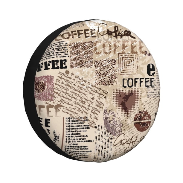 Fotbe Abstract Coffee Pattern With Letters Funda de Llanta de Repuesto con Estampado, Engrosada, Ajuste Universal para Jeep, Remolque, RV, SUV, Camión-16 inch