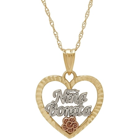Simply Gold Kids' Precious Sentiments 10kt Yellow Gold with Rhodium Heart with nina bonita Pendant for girls, 14 (Pretty Girl)