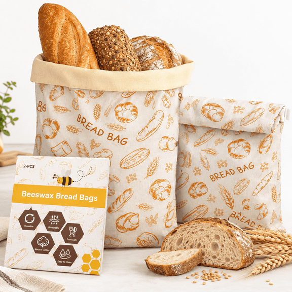 NVAAV 2-Pack Reusable Bread Bags, 17" x 12" Beeswax Storage Bags for Sourdough, Homemade Bread and Baked Goods