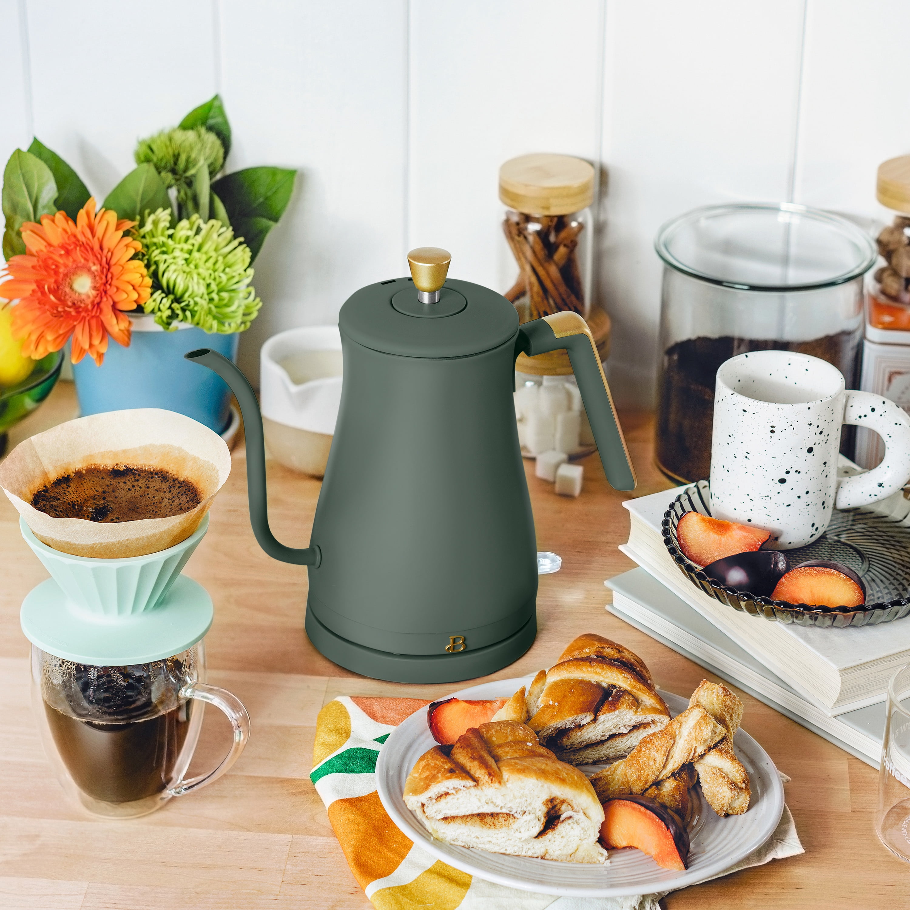 Beautiful 1-Liter Electric Gooseneck Kettle 1200 W, Thyme Green by Drew Barrymore