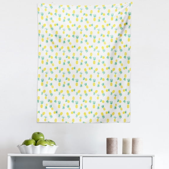 Hawaii Tapestry, Doodle Style Pineapple Hand Drawn Exotic Fruits Pattern Stripes and Dots, Fabric Wall Hanging Decor for Bedroom Living Room Dorm, 5 Sizes, Yellow and Sea Green, by Ambesonne