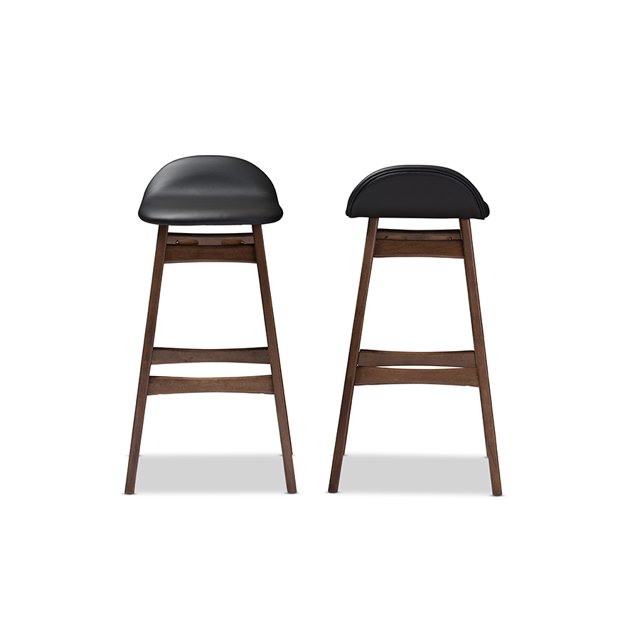 Baxton Studio Bloom, estilo escandinavo moderno retro de mediados de siglo, tapizado en piel sintética negra, acabado en madera de nogal, taburete de bar de 30 pulgadas Baxton Studio Bloom Barstool-Black PVC