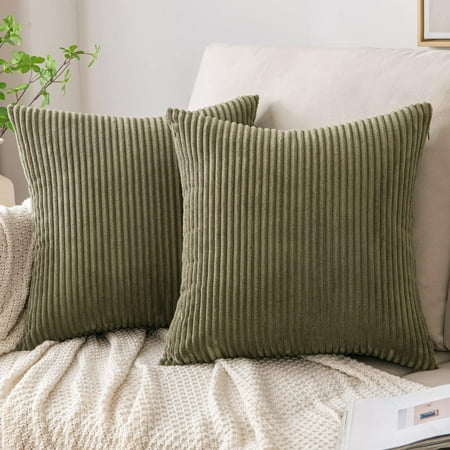 

EMEMA Pack of 2 Corduroy Soft Soild Decorative Square Throw Pillow Covers Cushion Cases Spring Pillowcases for Couch Sofa Bedroom Car 16x16 Inch Olive Green