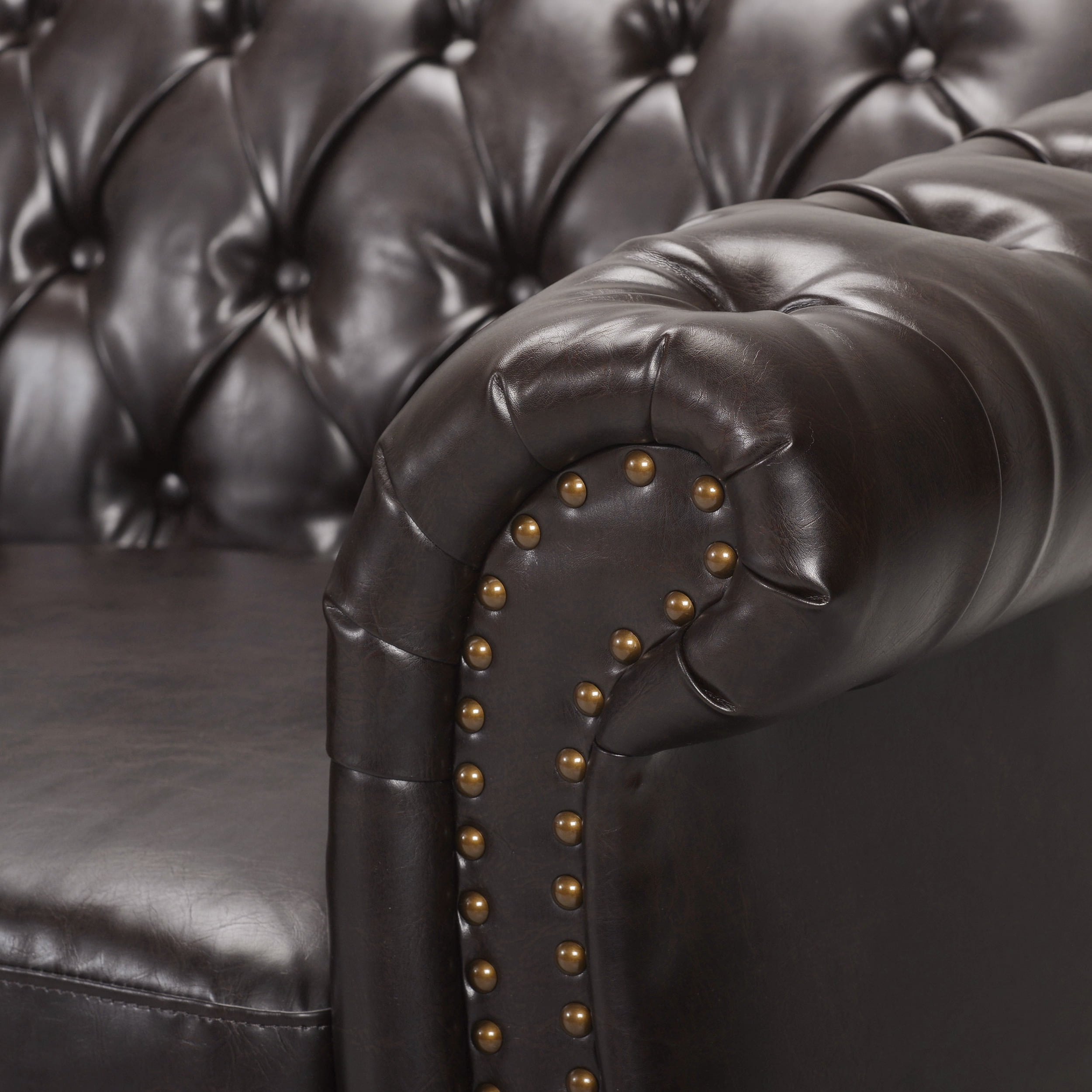 Noble House Augus 3 Seater Button Tufted Sofa, Brown, Dark Brown