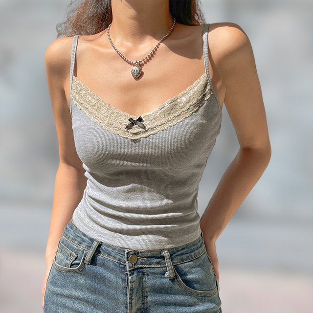 Camisoles Camisolas cortas Top corto sin mangas con cuello redondo y retazos de encaje de punto informal (L) Ygjytge para Mujer Gris T M