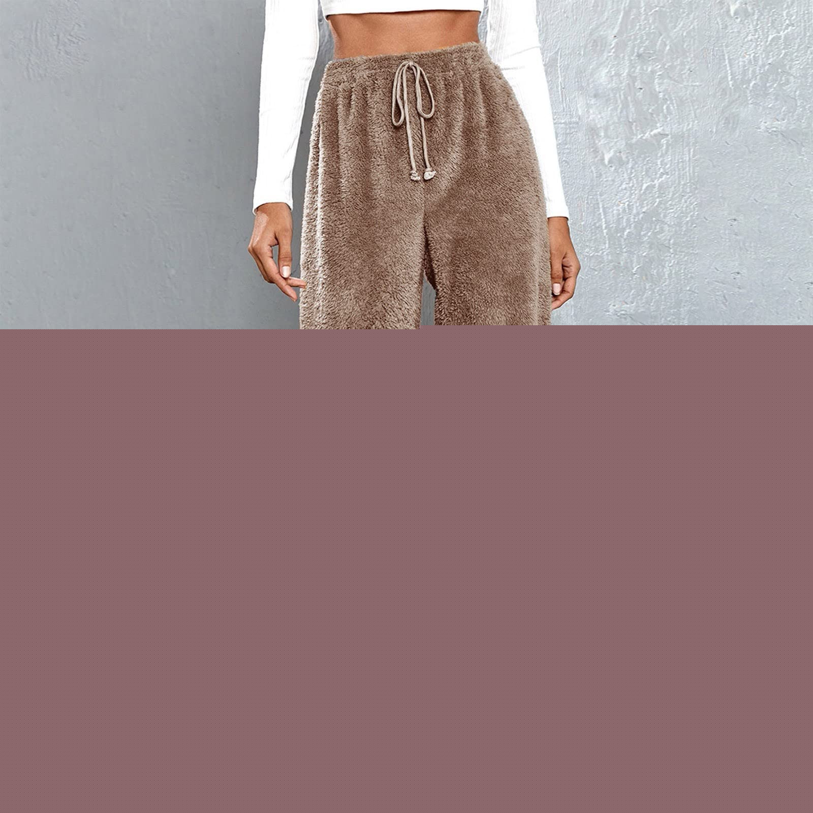 thumbnail image 4 of Women's Faux Lamb Fleece Sweatpants Elastic Waist Drawstring Solid Cuffed Loungewear Joggers with Pockets Coffee 2XL, 4 of 5