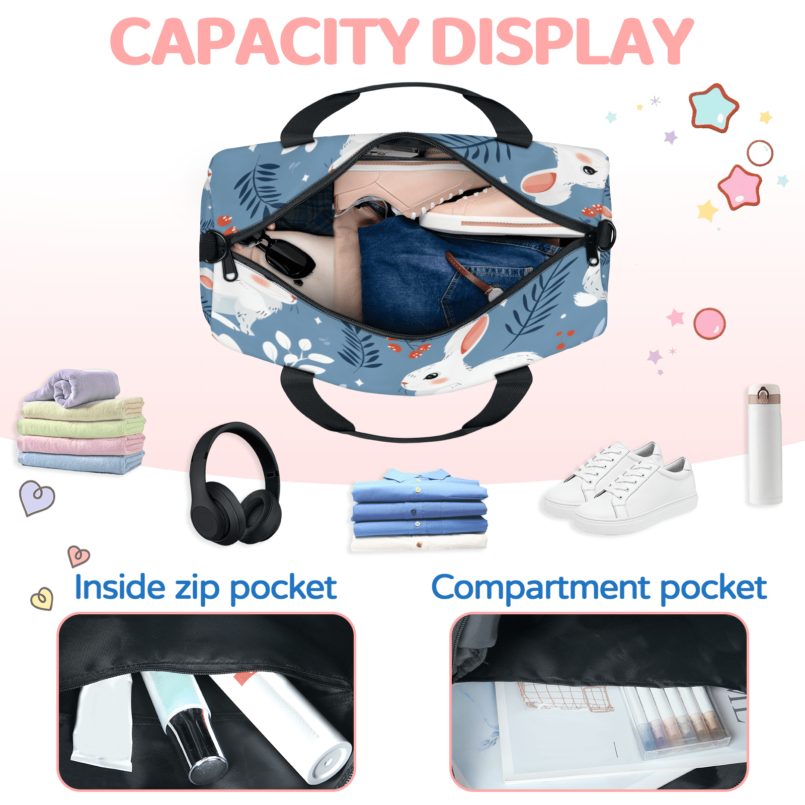 Herdesigns Cute Bunny Travel Duffle Bag Sports Yoga Weekender Overnight Carry on Workout Bags Lightweight Waterproof Gym Tote Bag for Women Rabbit