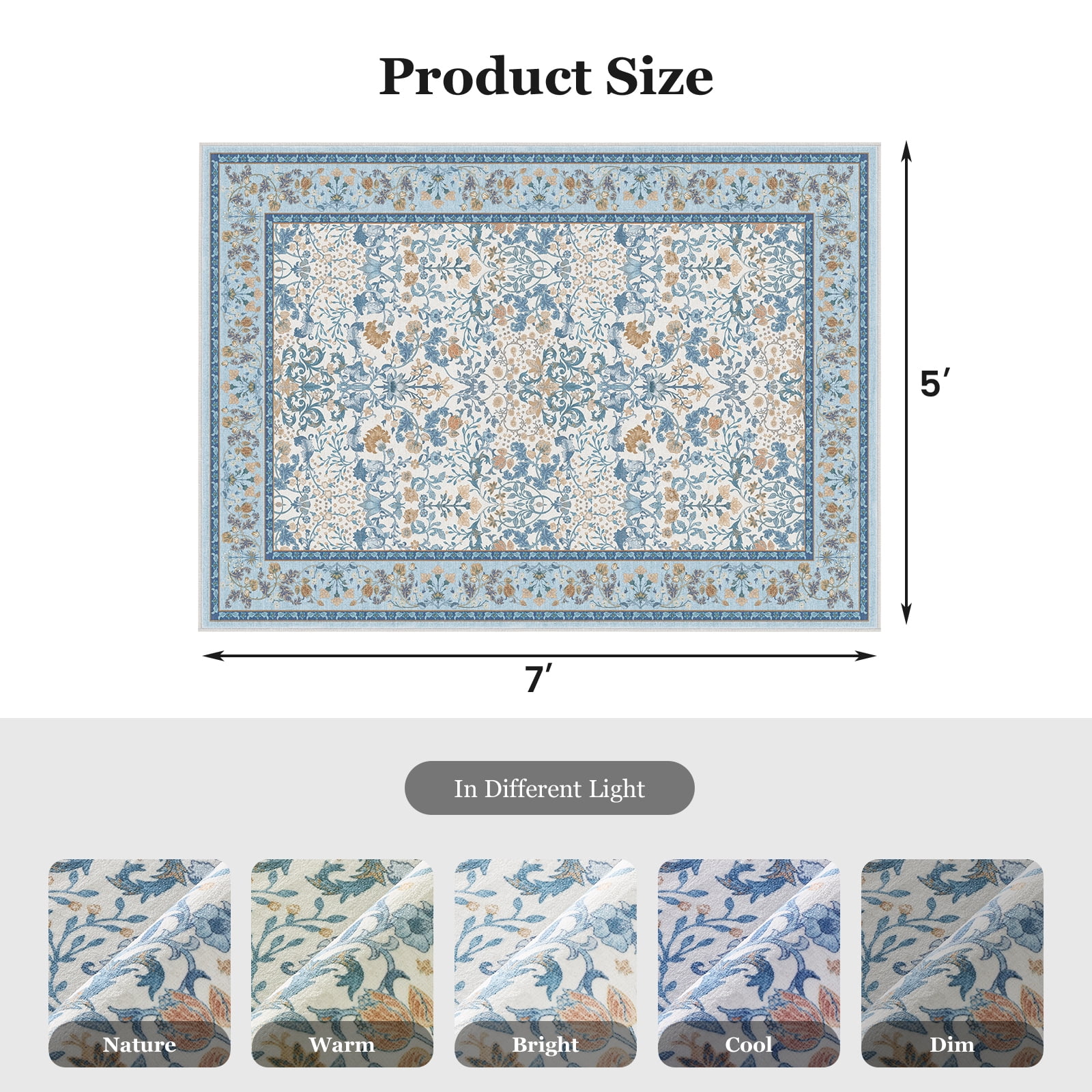 CHITOOMA 5'x7' Area Rugs for Living Room, Floral Washable Rug Boho Non-Slip Printed Carpet, Vintage Stain Resistant Indoor Rug for Bedroom Dining Room Home Office