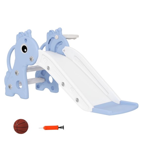 Toddler Slide 3-in-1 for 1-3 Year Olds, Freestanding Climber with Basketball Hoop, Giraffe Design, Blue