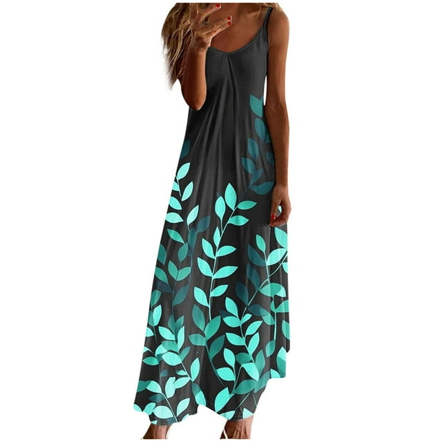 Staron Robes d'Été pour Femmes Boho à Bretelles Spaghetti à Col en V Robe Soleil Longue Fluide Mode Voyage Vacances Robes