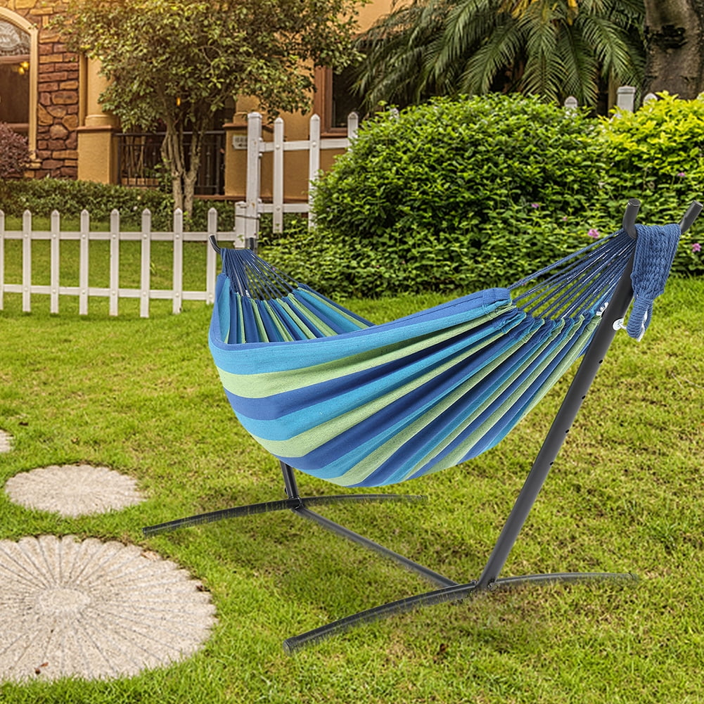 Private Jungle 9ft Steel Pipe Hammock Frame with Cotton Hammock, Natural Rope Iron Hammock Set For Garden, Outdoor, Blue Private Jungle 9ft Steel Pipe Hammock Frame with Cotton Hammock, Natural Rope Iron Hammock Set For Garden, Outdoor, Blue