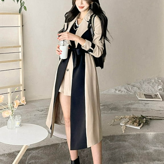 YFNNUP Womens Long Trench Coats Double Breasted Color Block Overcoat Classic Lapel Belted Pea Coat with Belt