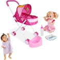 thumbnail image 4 of SURJDE Baby Doll Stroller,Realistic 2 in 1 Baby Stroller for Dolls,Foldable Pram Gift Set with Baby Doll Cartoon Printing Design Baby Stroller with Gift for Dolls 4PCS (B), 4 of 7