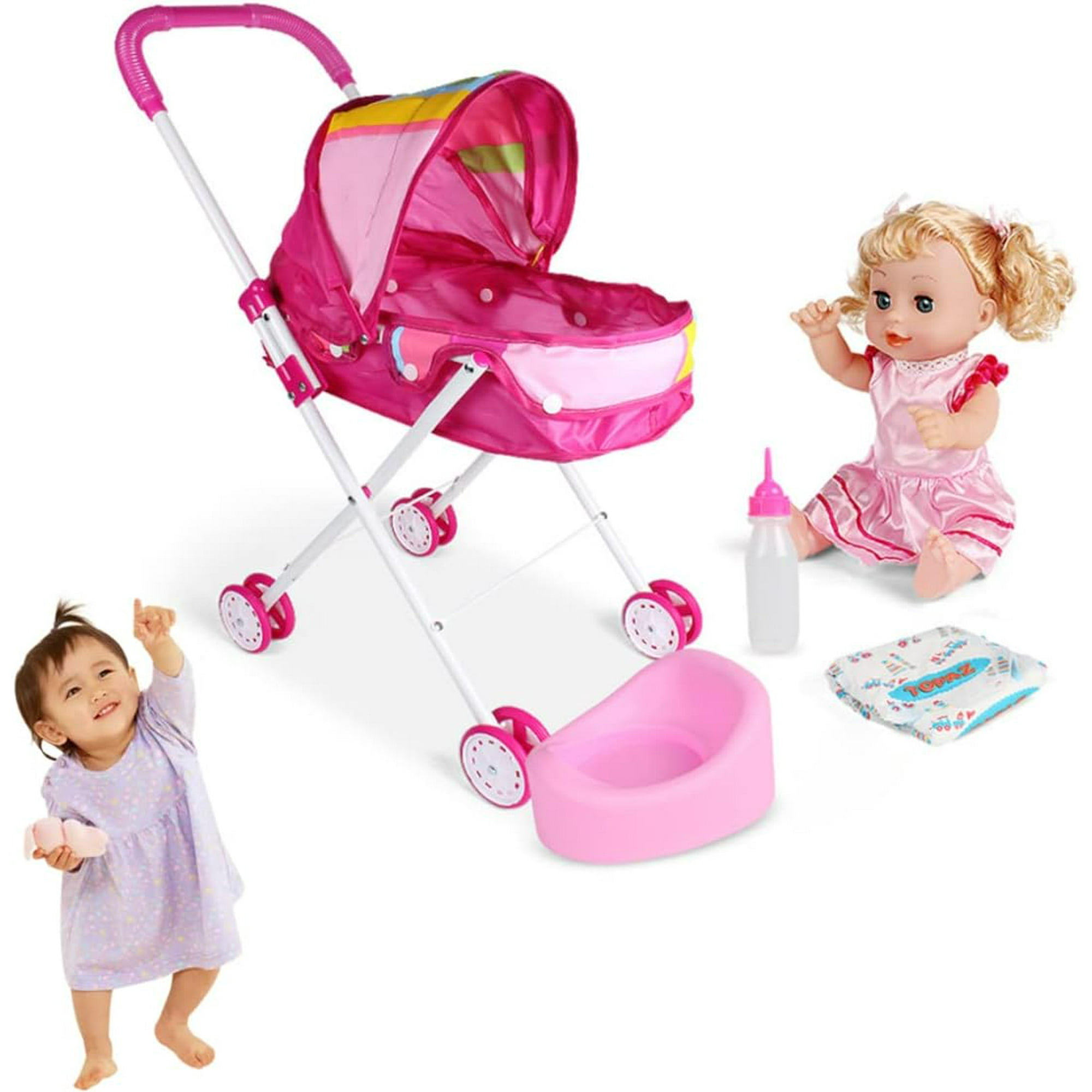 SURJDE Baby Doll Stroller Realistic 2 in 1 Baby Stroller for Dolls Foldable Pram Gift Set with Baby Doll Cartoon Printing Design Baby Stroller with