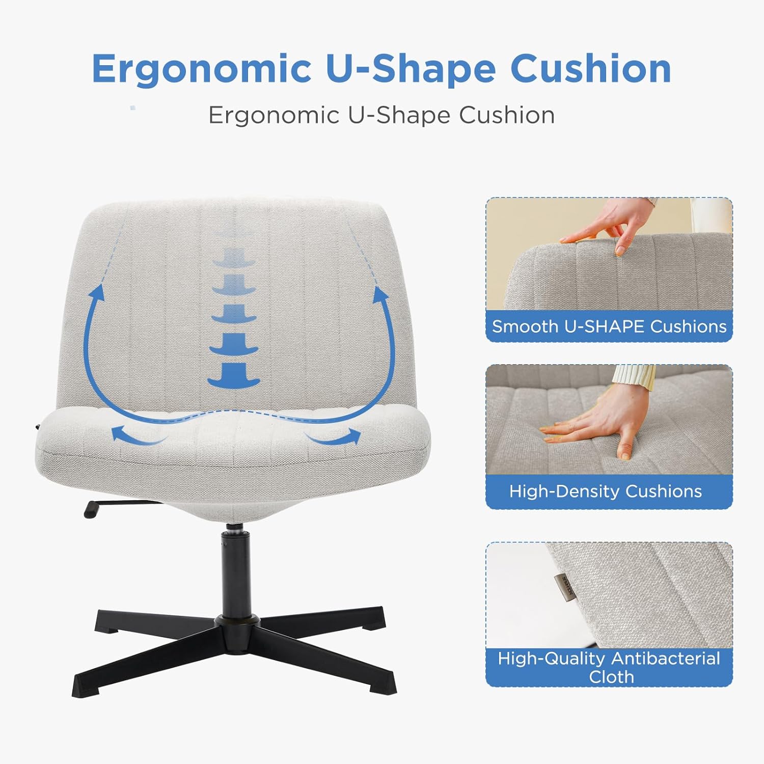 Nouhaus Criss Cross Line Chair, Cross Legged Vanity Chair No Wheels, Height Adjustable Wide Seat Computer Task Chair Home Office Chairs