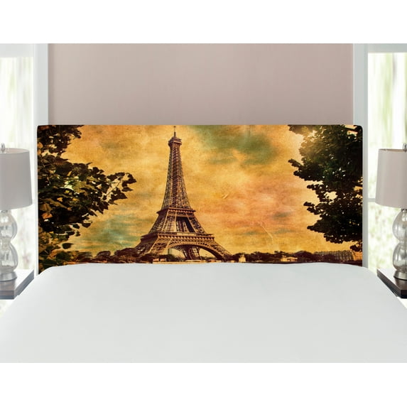 Eiffel Tower Headboard, Eiffel Tower Trees River Bridge Water Daytime Landmark Oil Painting Design, Upholstered Decorative Metal Bed Headboard with Memory Foam, Full Size, Brown Mustard, by Ambesonne
