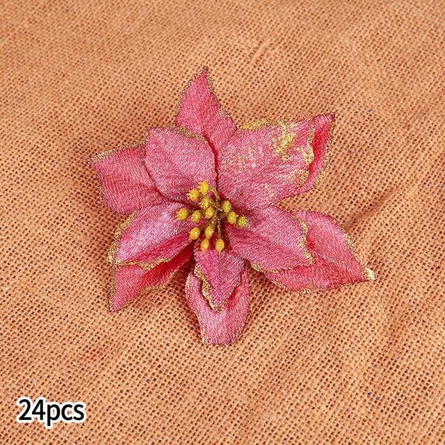 24Pcs Christmas Glitter Artificial Poinsettia Flowers Xmas Poinsettia Artificial Wedding Flowers Decorations Xmas Tree Ornaments for Party Favors, 6inch