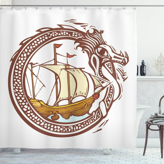 Marine Shower Curtain, Sailing Boat Ship on Waves Round in Dragon Frame Art Illustration, Fabric Bathroom Set with Hooks, 69W X 75L Inches Long, White Redbrown and Cream, by Ambesonne