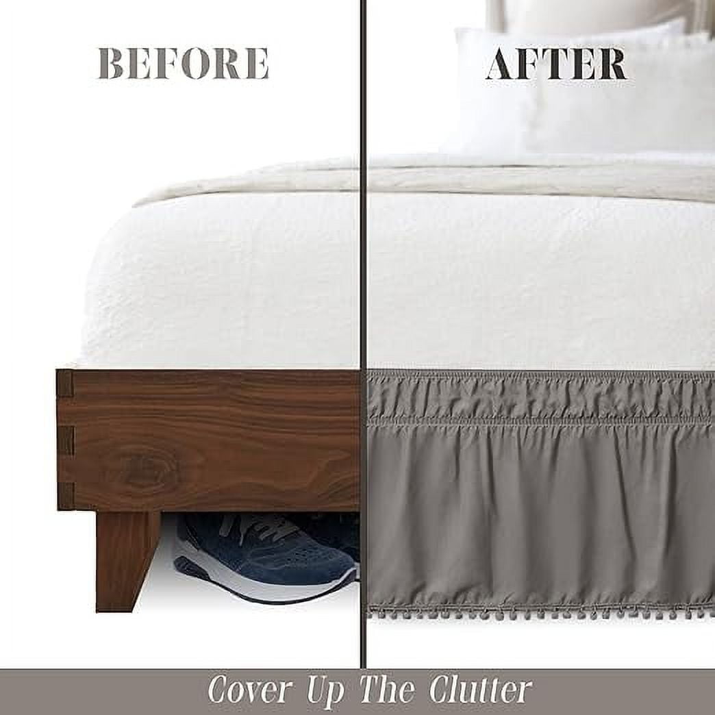 Elegant Comfort Ella Collection 1-Piece Pom-Pom Bed Skirt - 16-Inch Drop, 1500 Thread Count, Easy Wrap Around Elastic, Wrinkle Resistant, Queen/King, Essential Gray
