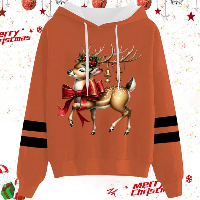 WILLBEST Sweat à Capuche pour Femmes et Hiver Mode Noël Nœud Rouge Imprimé Cerf Sweat à Capuche à Cordon Sweat à Capuche Lourd