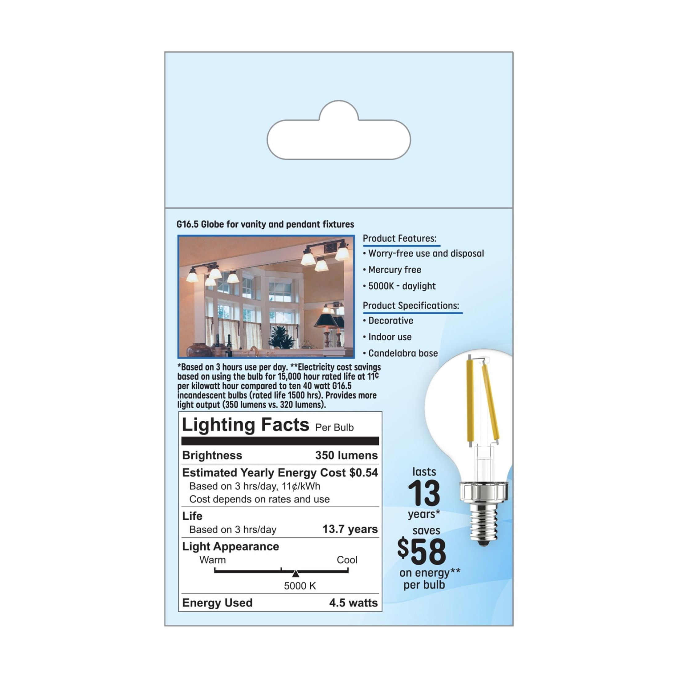 (2 pack) GE LED Light Bulb, 40 Watt, Daylight, G16.5 Globe Bulb, Small Base, 13yr