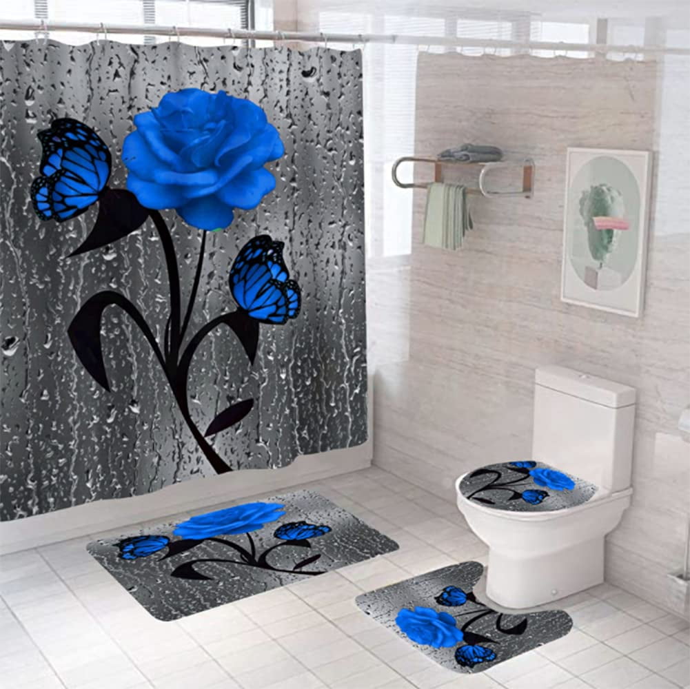 Blue Rose Shower Curtain Sets with Non-Slip Rugs, Toilet Lid Cover and Bath Mat, Nautical Ocean Shower Curtains with 12 Hook s, Durable Waterproof Bath Curtain (Blue Rose)…