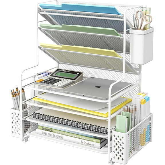 8 Tier Desk File Organizer, Letter Tray Paper Organizer, Mesh Desk Accessories File Folder for Office, Home or School, White