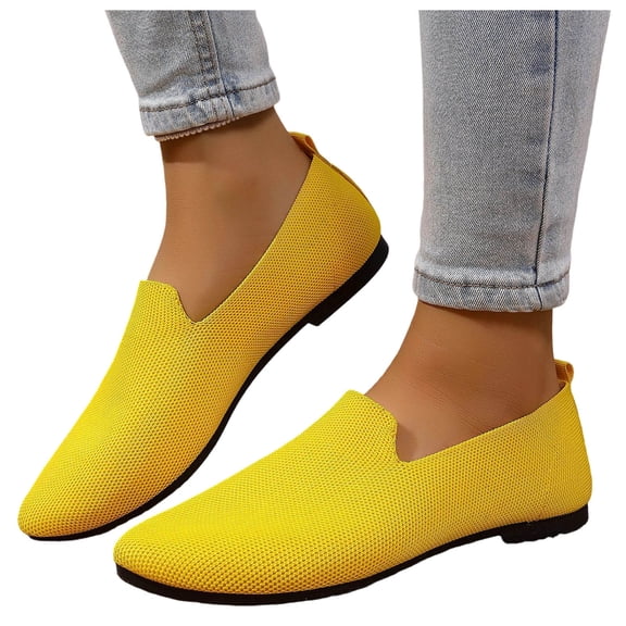 Gpaecead Women's Knit Flats Pointed Closed Toe Slip On Breathable Lightweight Cushioned Non Slip Loafers With Heel Pull Tab For Work, Yellow