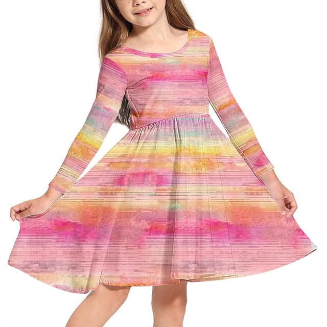 Odeerbi Niñas Gradient Striped A-Line Vestido de Manga Larga Skater Vestido Retro Vintage Stretchy Escuela Recital Twirly Vestido