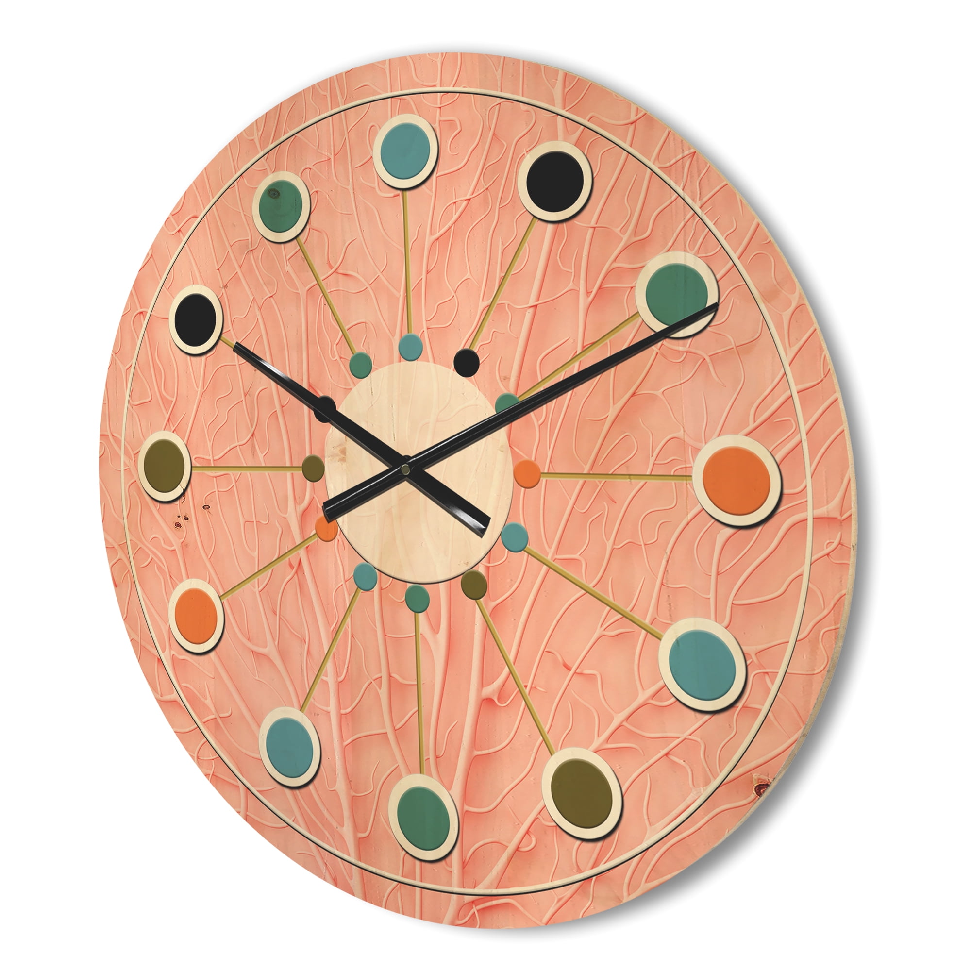 Designart 'Living Botanical Coral Pink' Mid-Century Modern Wood Wall Clock