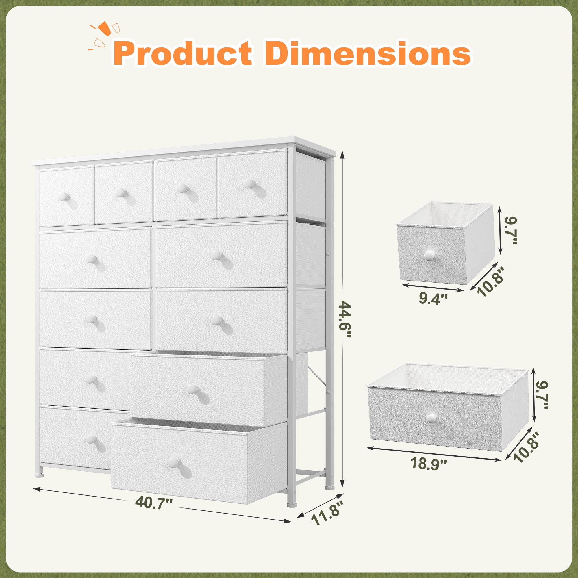 Romorgniz Tall Dresser for Bedroom with 12 Drawers White Dresser for Closet Fabric Chests of Drawers, Sturdy Metal Frame, Wood Top