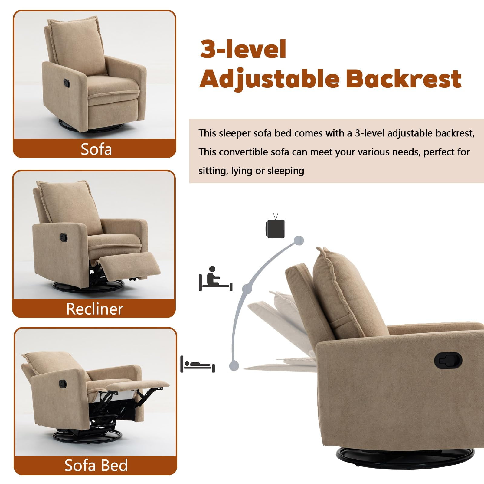 Lovableguy Modern Swivel Recliner Chair,Velvet Manual Button Nursery Glider Reclining Chair with Footrest,Comfy Upholstered Rocking Chair Living Room,Bedroom,Camel