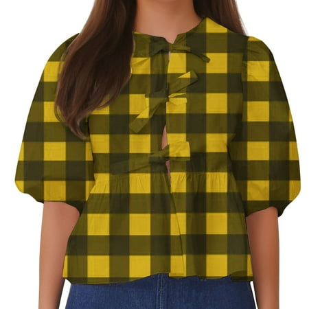 SHTXOZHI Womens Lace Up Front Tops Summer Print Babydoll Shirts Puff Sleeve Cute Blouses 2024