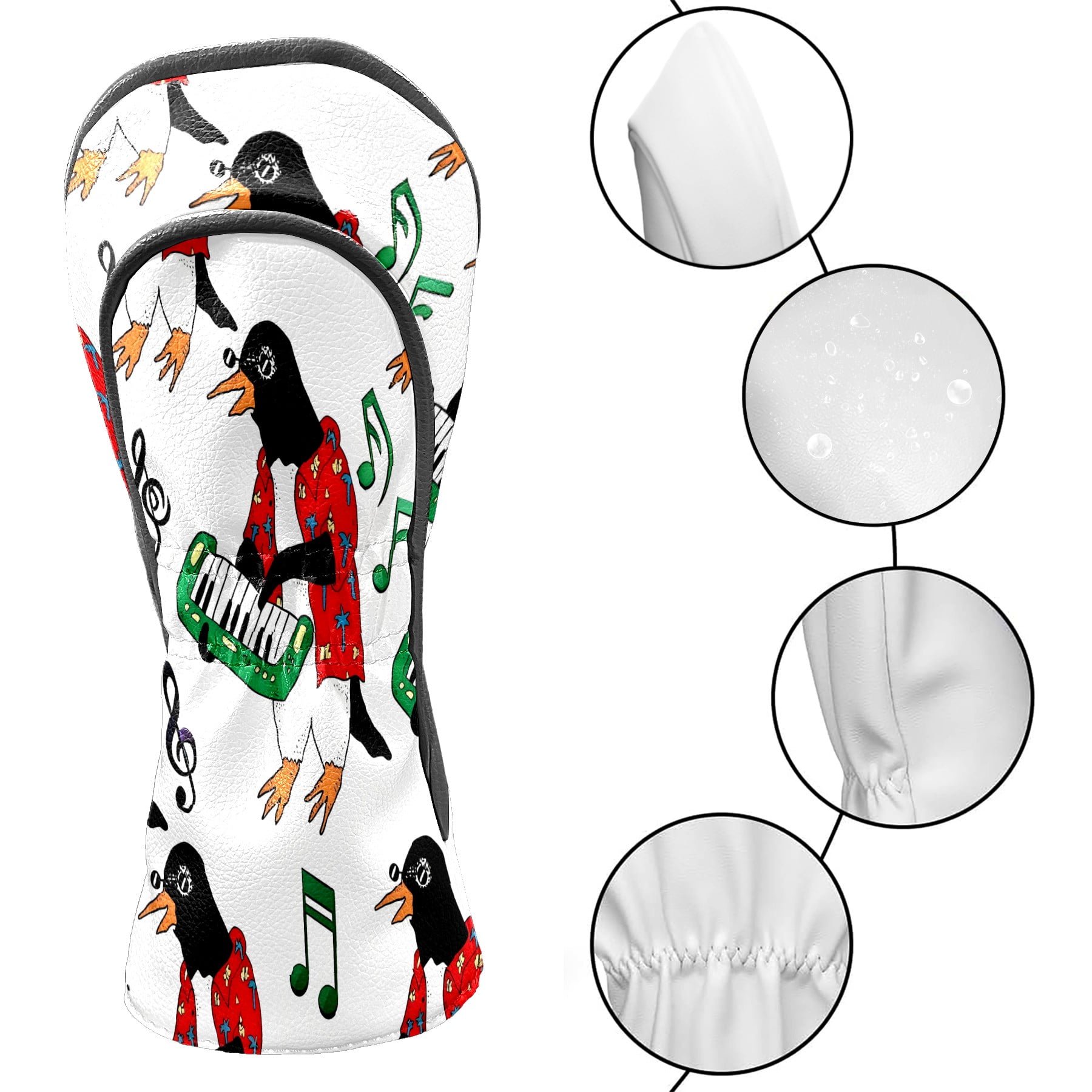 Golf Club Head Covers - Fun Penguin Red Design, Premium PU Leather Driver Hybrid Headcovers with Velvet Lining, Waterproof Golf Gifts for Men Women