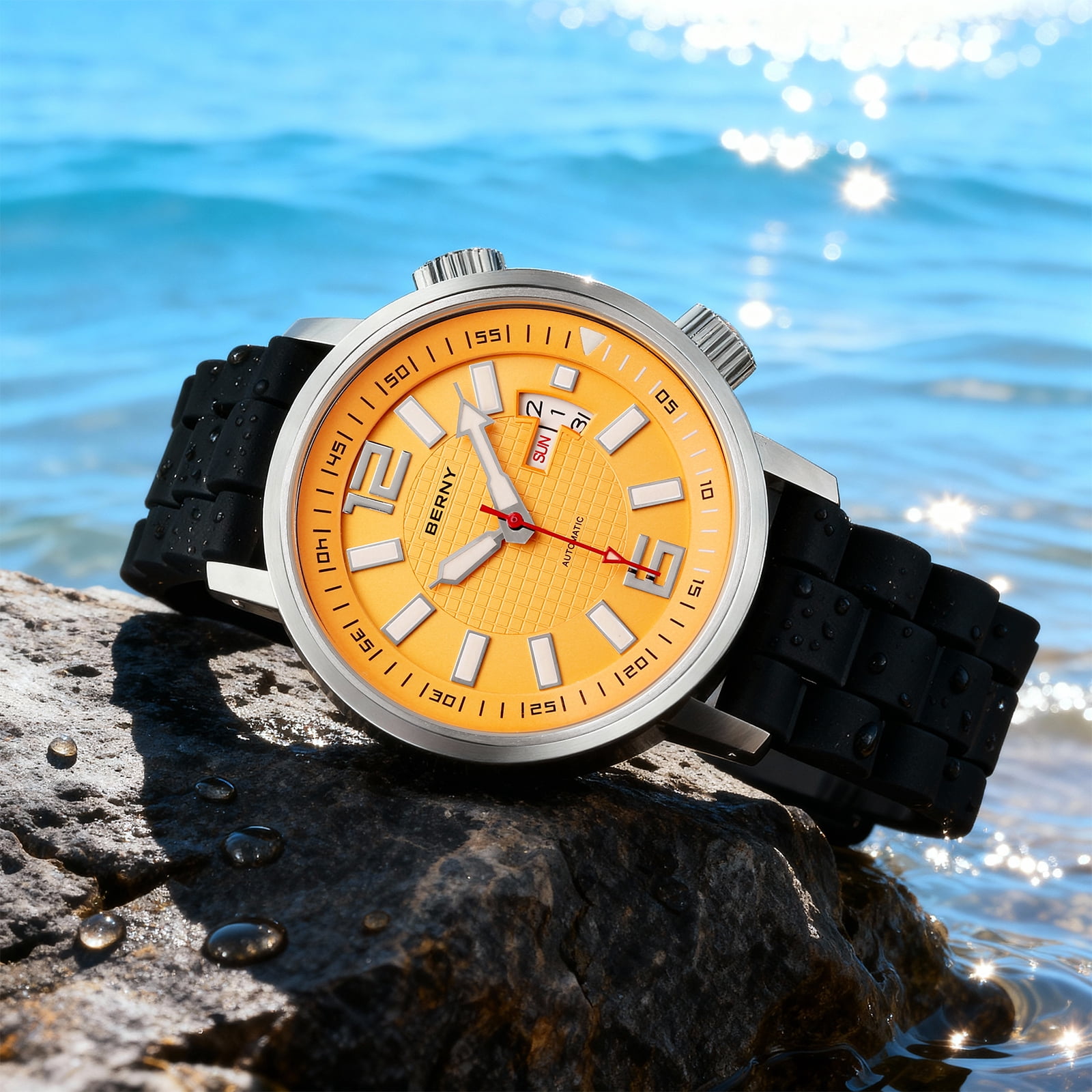 BERNY Automatic Dive Watches for Men, Sport 200M Waterproof Analog Mechanical Watch with Day & Date, Super Luminous, Silicone Strap, Stainless Steel, Sapphire Crystal, Men's Pro Diver Watch (Yellow)