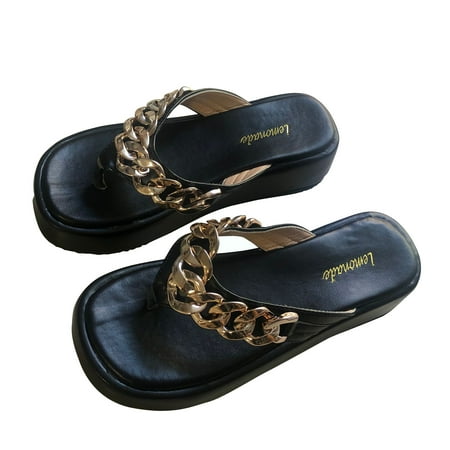 

ZXHACSJ Summer New Women s Shoes Chain Thick Bottom Flip Flop Beach Wedge Slippers Black 41