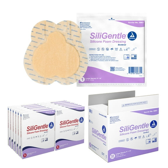Dynarex SiliGentle Foam Dressings, Advanced Wound Care, Waterproof and Absorbent, 9” x 9” Foam Pad Dressing with Silicone Layer, 1 Case of 60 Adhesive Silicone Foam Dressings