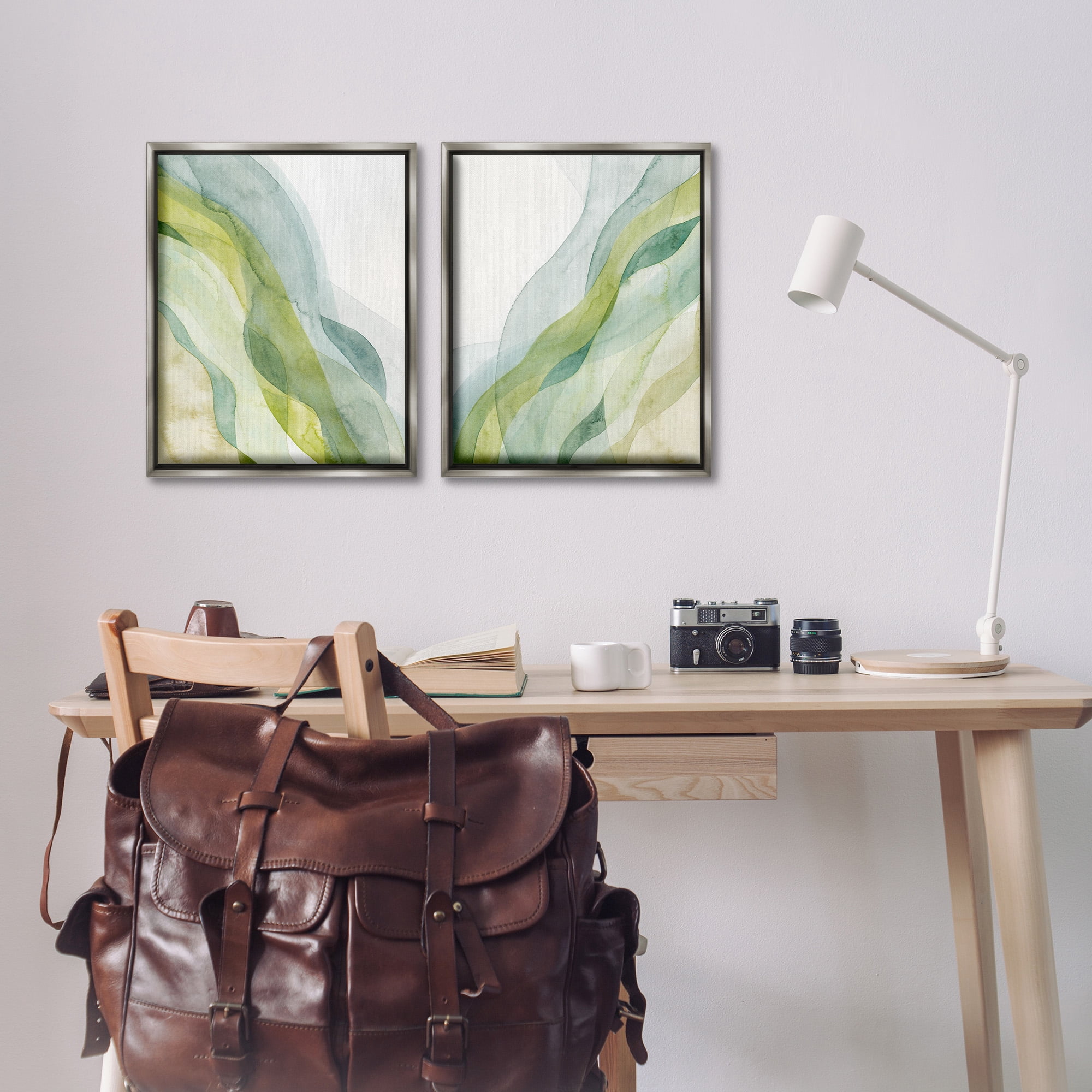 Stupell Industries Abstract Green Waves Abstract Painting Gray Floater Framed Canvas Art Print Wall Art, 17 x 21, Set of 2