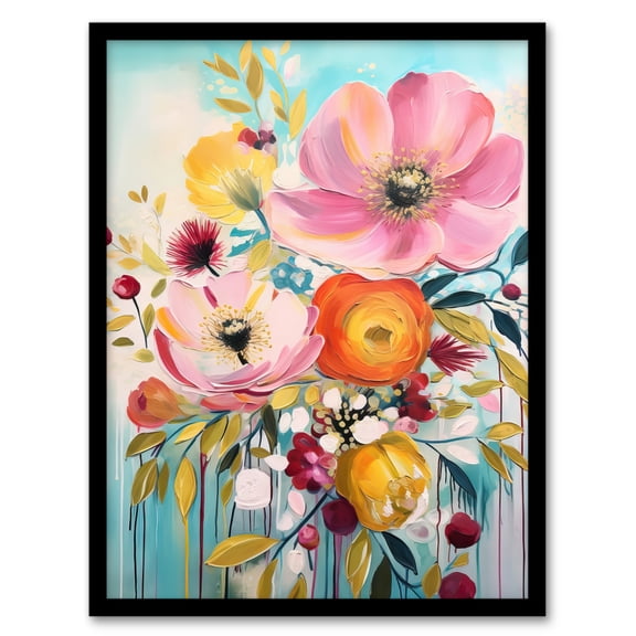 Teal Pink Yellow Flowers Bright Elegant Oil Painting Vibrant Spring Blooms Art Print Framed Poster Wall Decor 12x16 inch