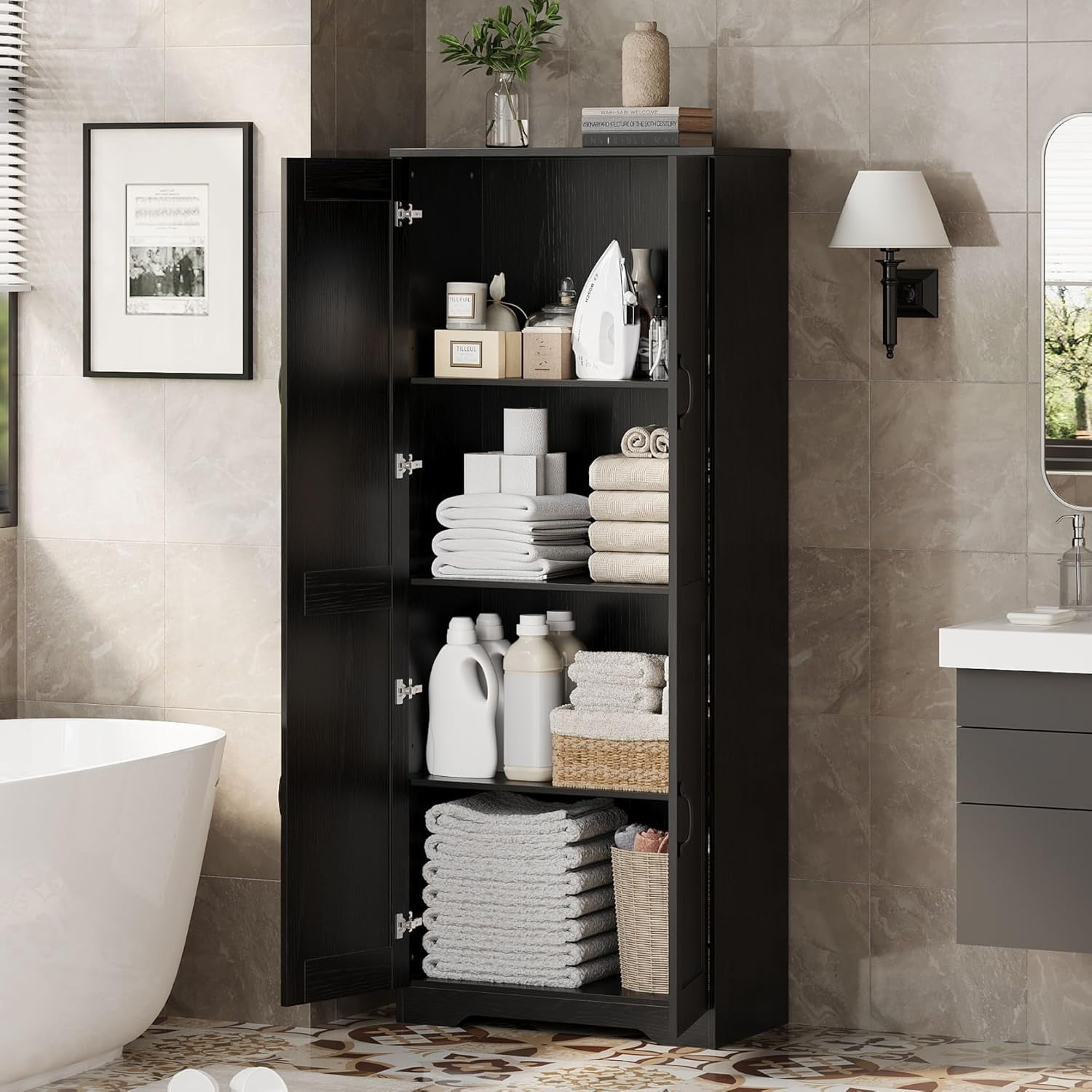 Kitchen Pantry Cabinet, Freestanding Black Pantry Storage Cabinet, 60" Cupboard, Tall Cabinet