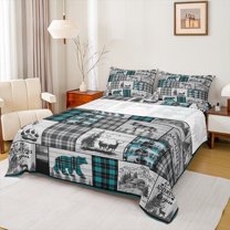 Homewish Jungle Deer Bear Bed Sheets,Rustic Outdoor Adventure King Sheets,Gray Blue Checkered Sheet Set For Kids,Ultra Soft Home Decor,4pcs