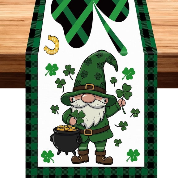 13 x 72 Inch St Patricks Day Table Runner Green Gnome Shamrock St Patrick''s Day Party Decorations Spring Seasonal Kitchen Dining Table Decor Tablecloth for Home Office
