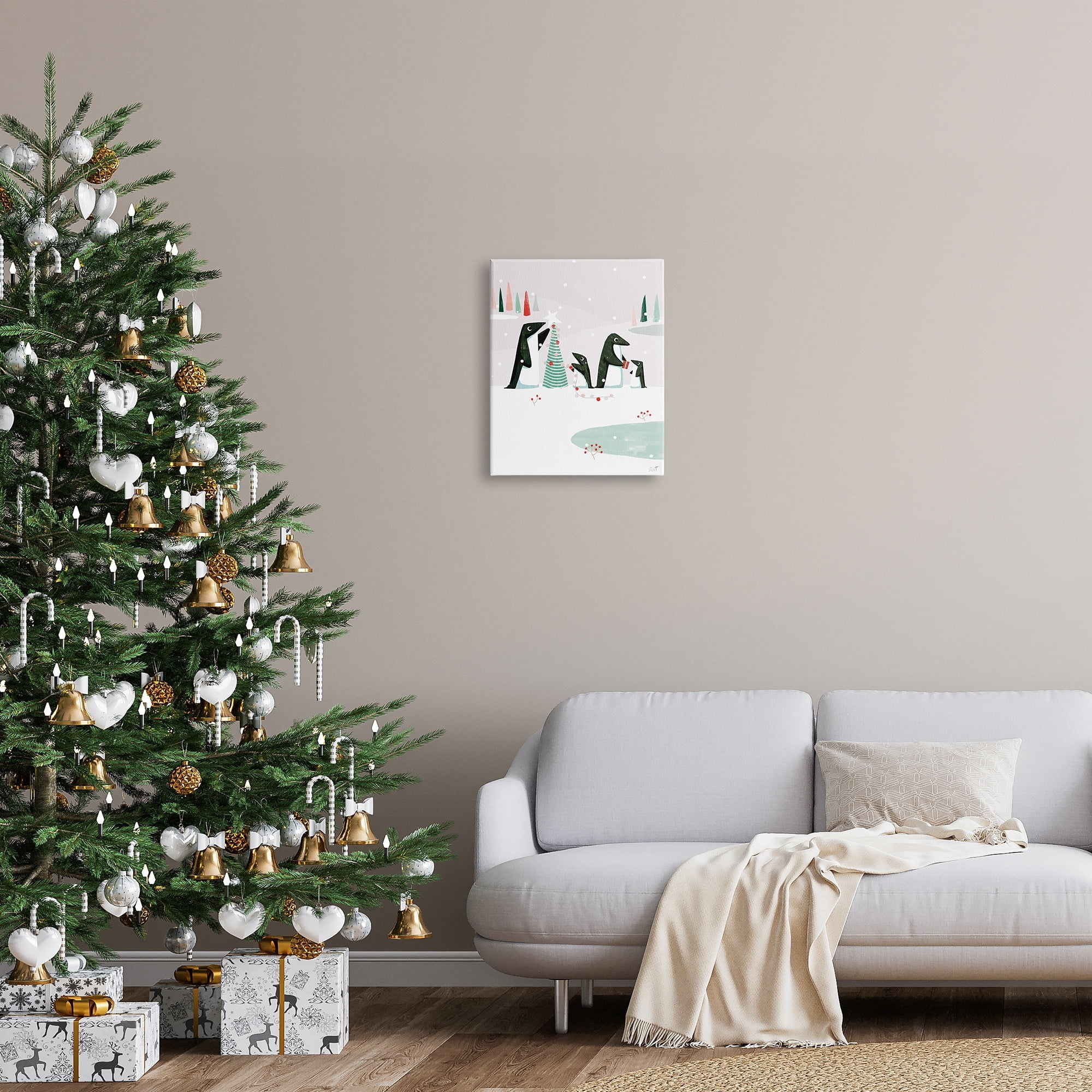 Stupell Industries Penguins Decorating Christmas Tree Holiday Painting Gallery Wrapped Canvas Print Wall Art